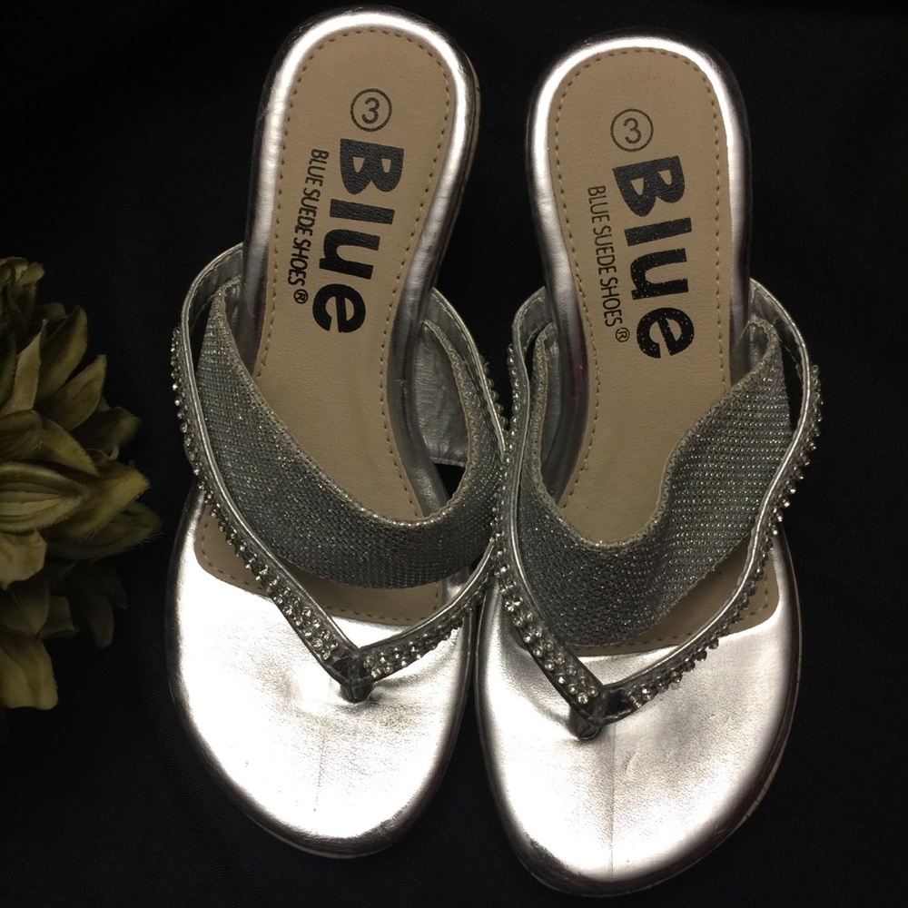 Blue, Blue Suede Shoes-Silver Wedge‎ Sandals-Size:3